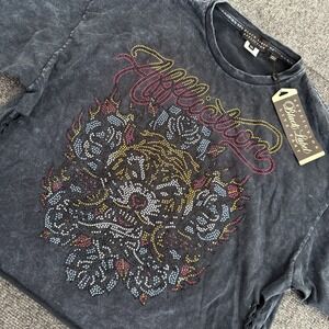 Affliction Black Label Women's Live Fast Rhinestones Distressed Tiger Tee XL NEW
